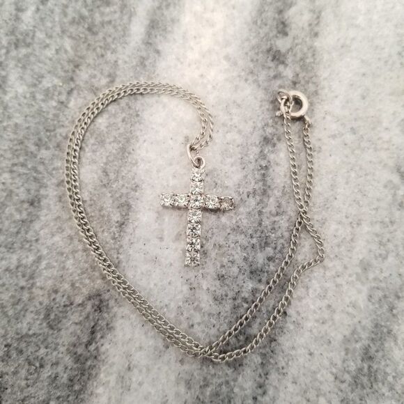 Vintage Rhinestone Cross Pendant Necklace, Silver Tone Chain, Estate - Picture 5 of 5